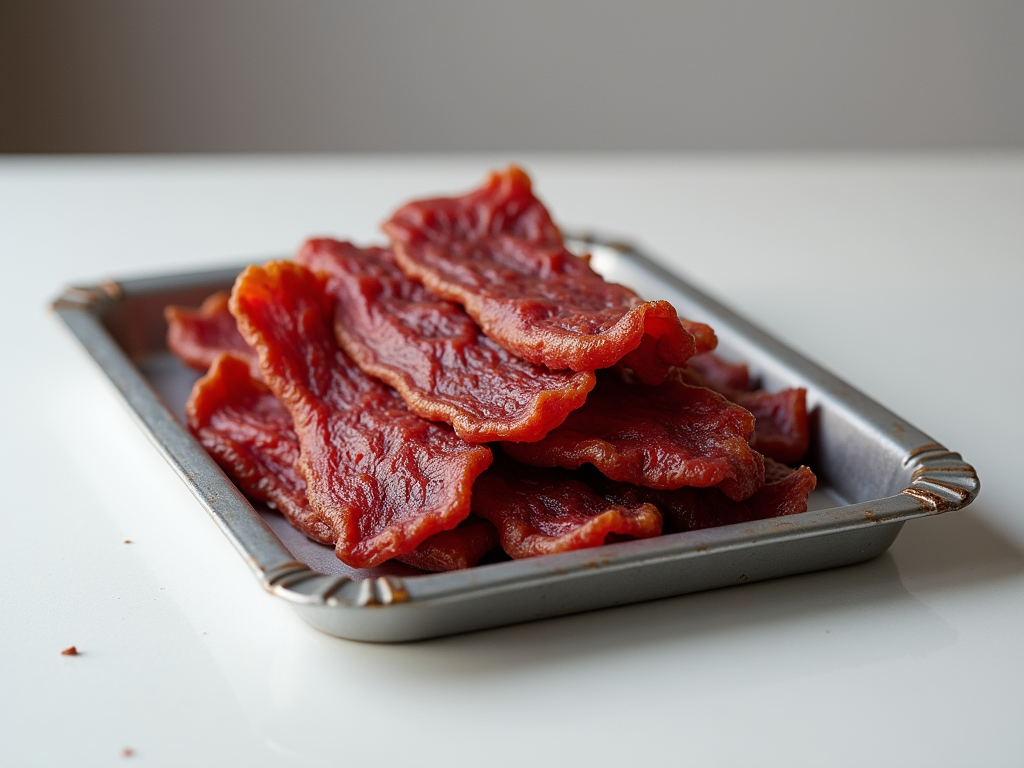 Dried strips of seasoned beef jerky